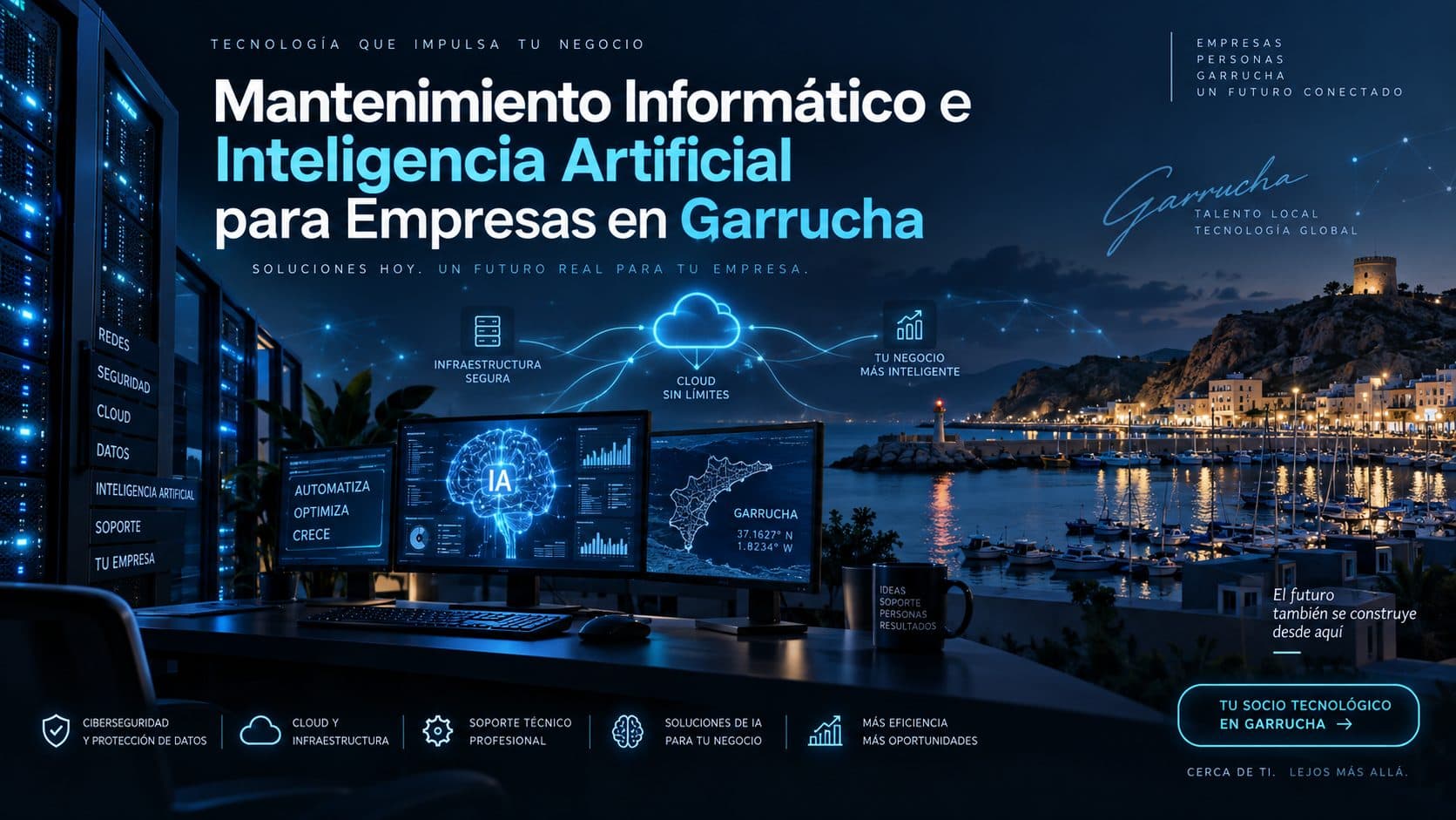 Ilustración conceptual de mantenimiento informático e IA para empresas en Garrucha.