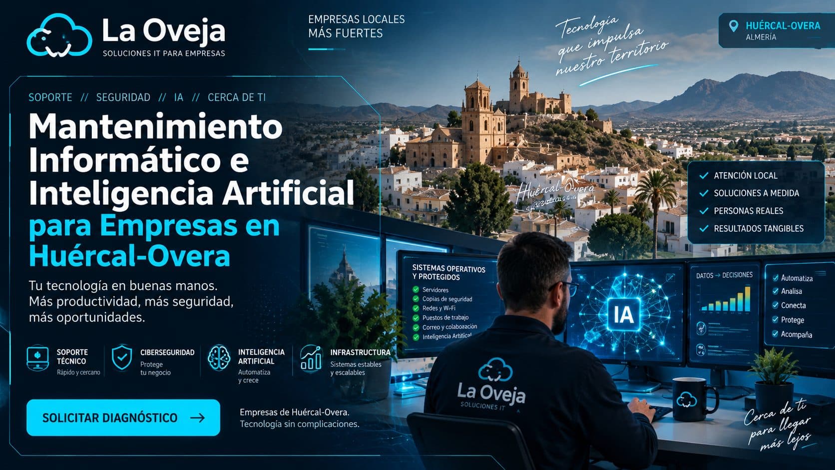 Ilustración conceptual de mantenimiento informático e IA para empresas en Huércal-Overa.