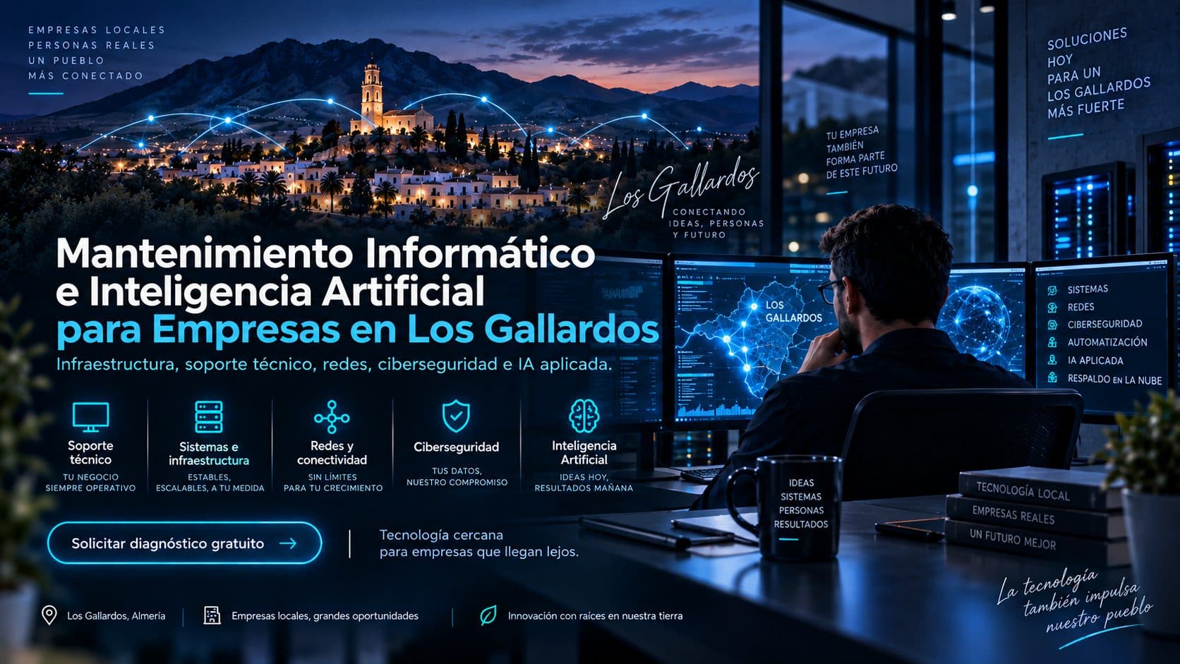 Ilustración conceptual de mantenimiento informático e IA para empresas en Los Gallardos.