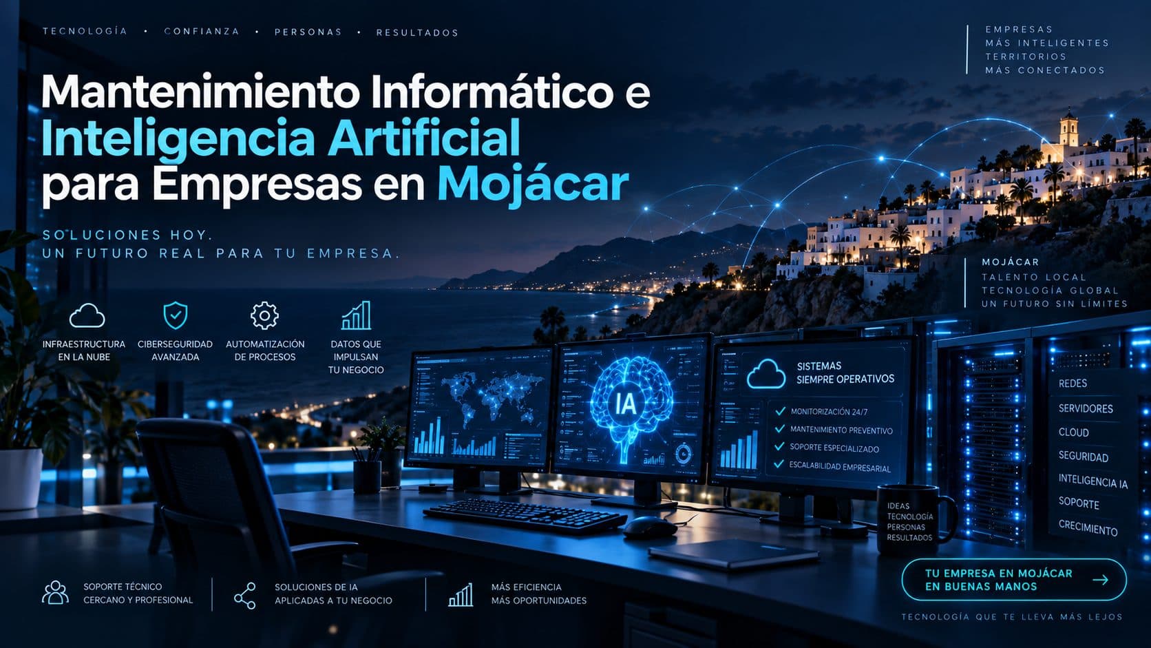 Ilustración conceptual de mantenimiento informático e IA para empresas en Mojácar.