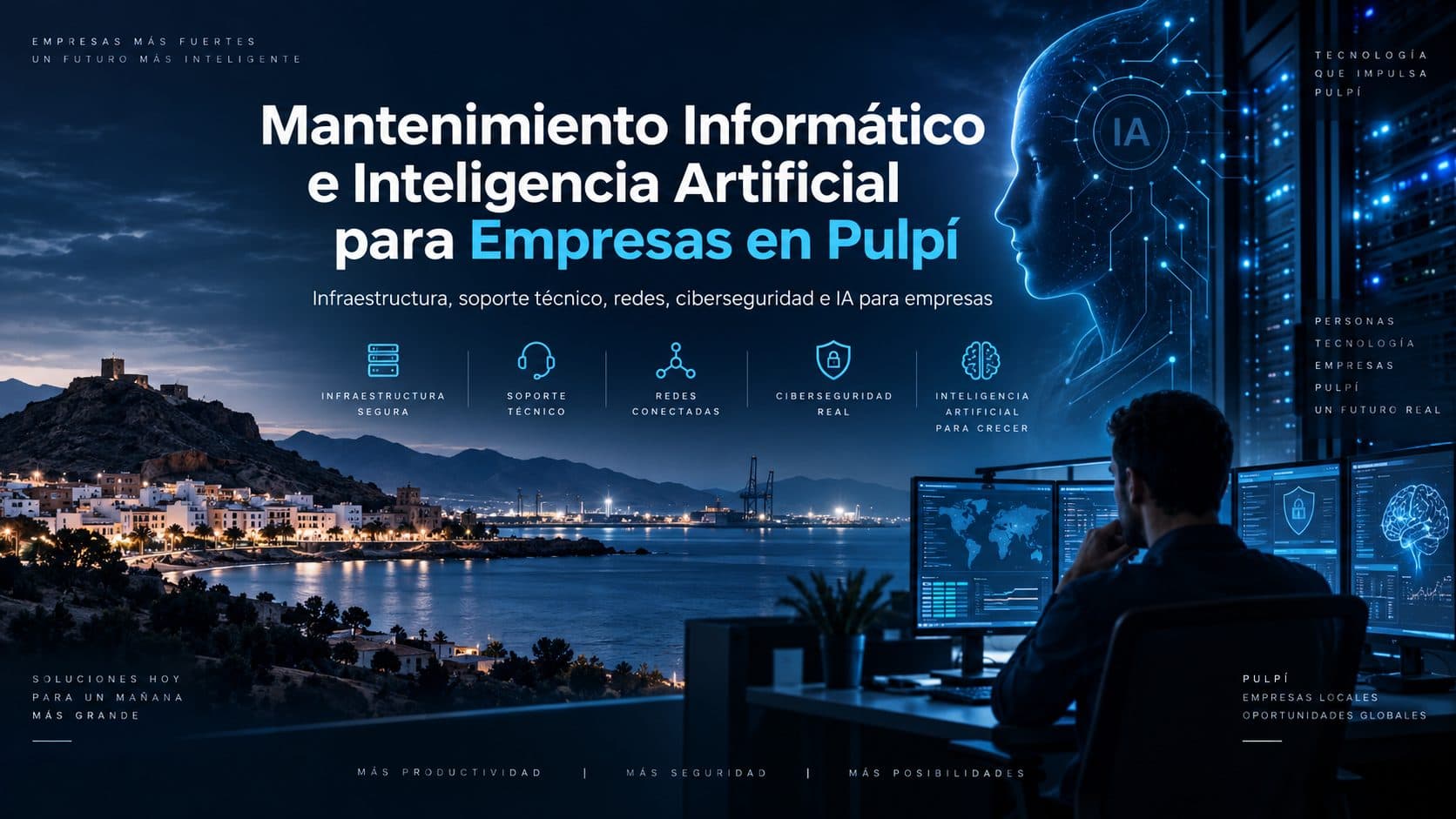 Ilustración conceptual de mantenimiento informático e IA para empresas en Pulpí.