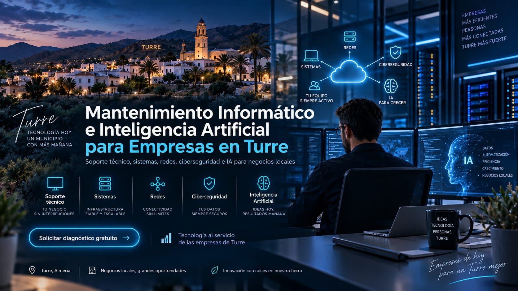 Ilustración conceptual de mantenimiento informático e IA para empresas en Turre.