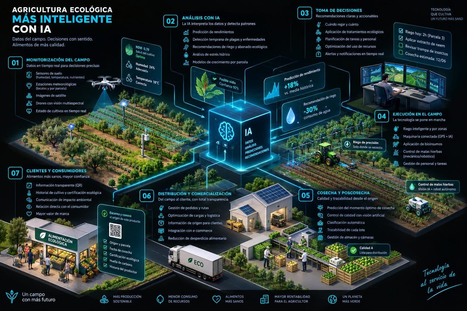 Esquema isométrico de aplicación de IA en agricultura ecológica, conectando sensores, riego, cultivo, cosecha y trazabilidad.