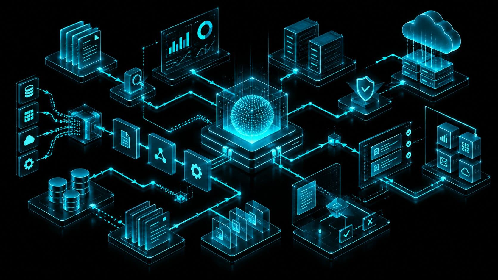 Esquema conceptual de un ecosistema empresarial conectando documentos, datos, servidores, cloud, seguridad, analítica e inteligencia artificial.