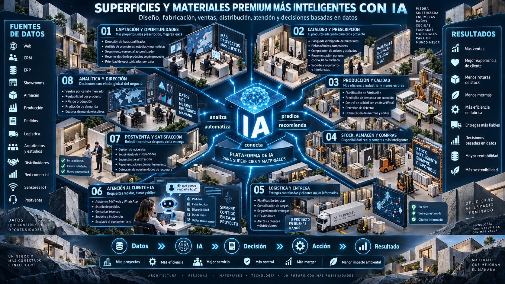 Esquema isométrico de aplicación de IA en fabricación de superficies y materiales, conectando prescripción, producción, stock y distribución.