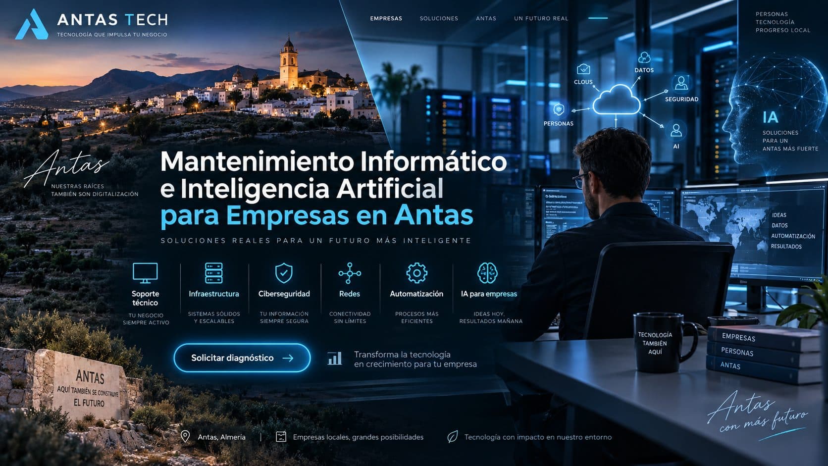 Ilustración conceptual de mantenimiento informático e IA para empresas en Antas.