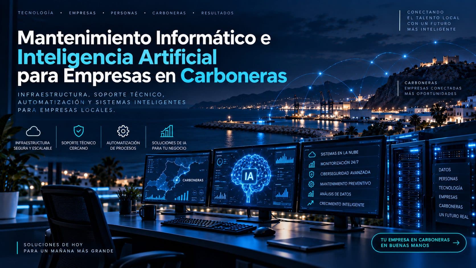 Ilustración conceptual de mantenimiento informático e IA para empresas en Carboneras.