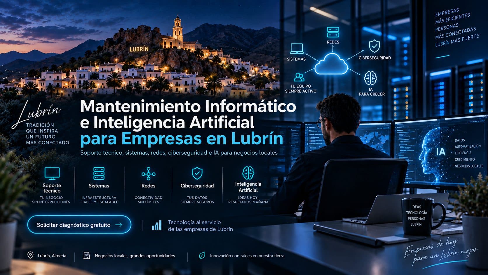 Ilustración conceptual de mantenimiento informático e IA para empresas en Lubrín.