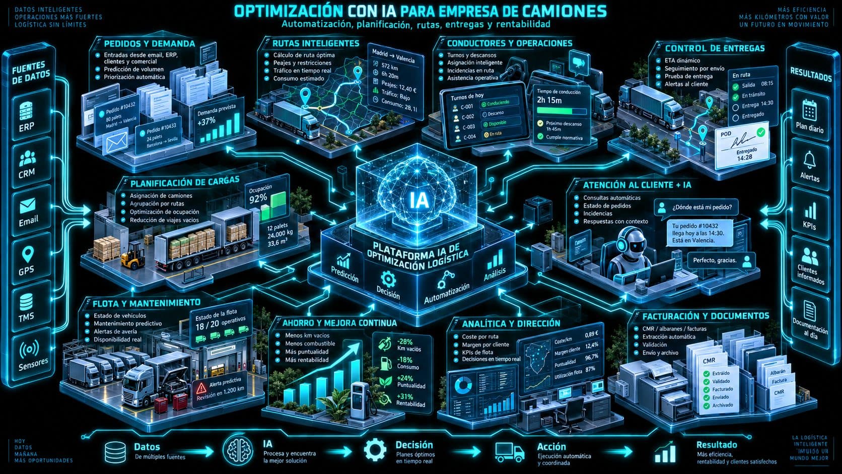 Esquema isométrico de aplicación de IA en logística y transporte, conectando pedidos, rutas, flota, entregas y analítica.